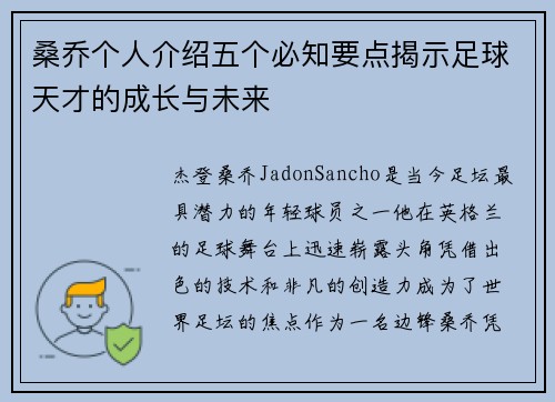 桑乔个人介绍五个必知要点揭示足球天才的成长与未来 桑乔个人介绍五个必知要点揭示足球天才的成长与未来