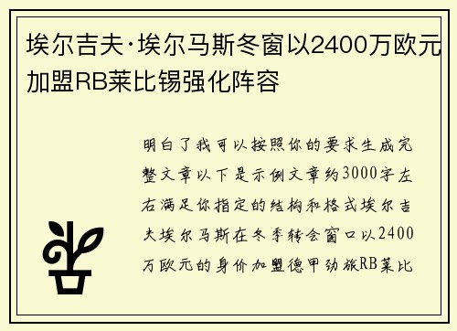 埃尔吉夫·埃尔马斯冬窗以2400万欧元加盟RB莱比锡强化阵容